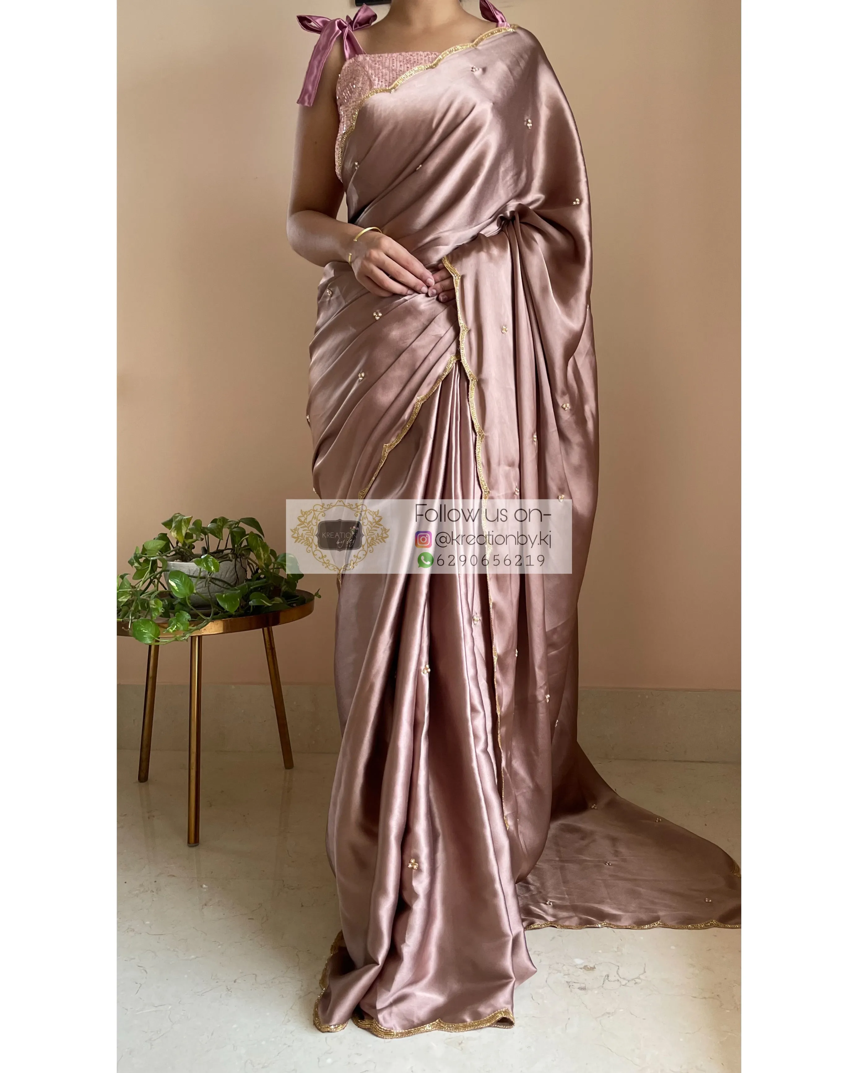 Lilac Satin Silk Saree With Handembroidered Scalloping