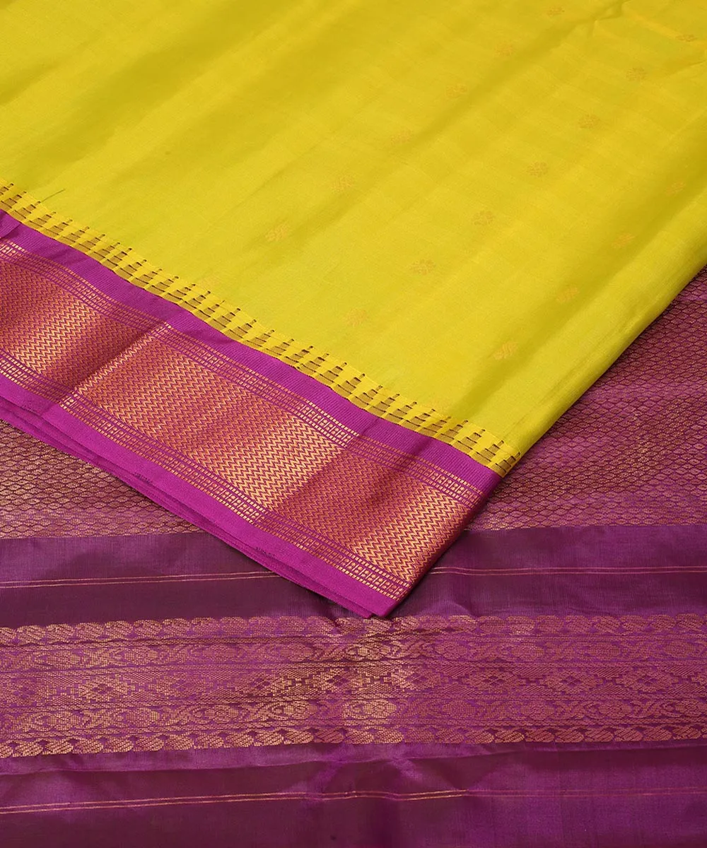 Limegreen purple handwoven gadwal silk saree