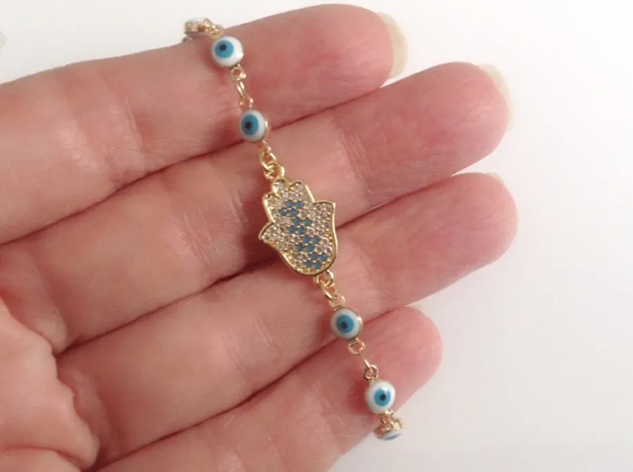 Lucky Charm bracelet, Evil Eye Gold Hamsa Bracelet, Protection Evil Eye Chain Pendant, Jewish Gifts, Mothers day gifts, Pulsera Mal de Ojo