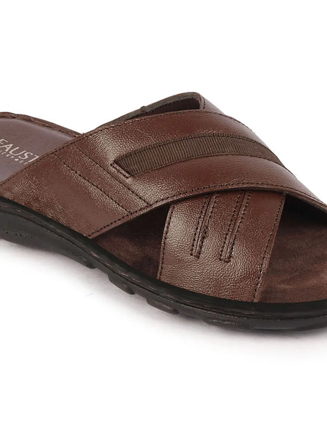 Men Brown Genuine Leather Cross Strap Open Toe Suede Leather Insole Slippers