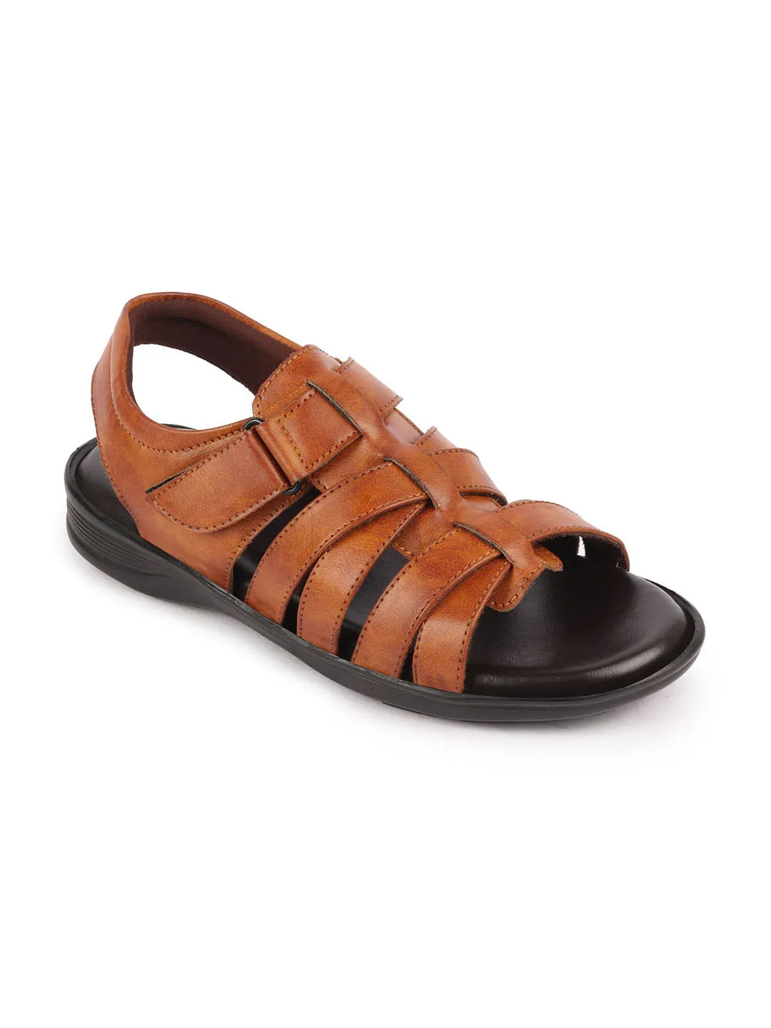 Men Tan Multi Cross Strap Broad Feet Open Toe Casual Dress Sandals