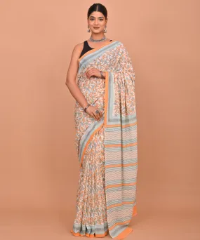 Multicolor peach cotton hand printed bagru saree