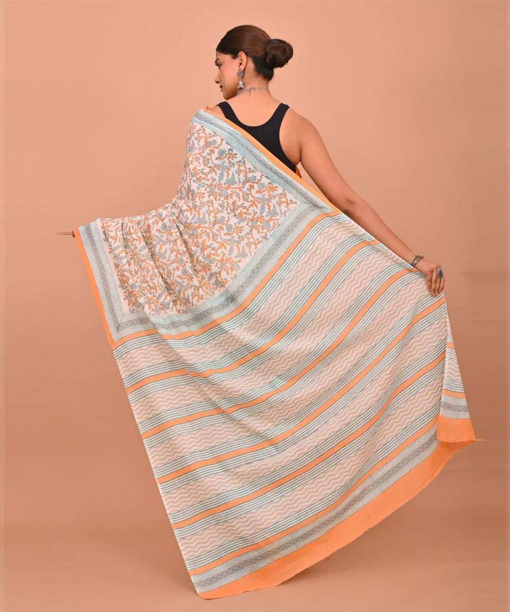 Multicolor peach cotton hand printed bagru saree