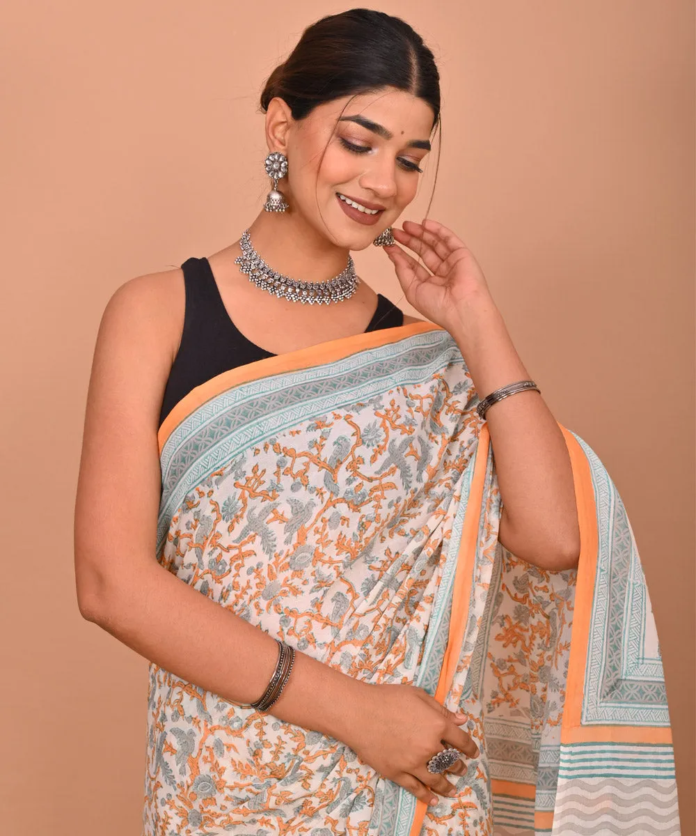 Multicolor peach cotton hand printed bagru saree