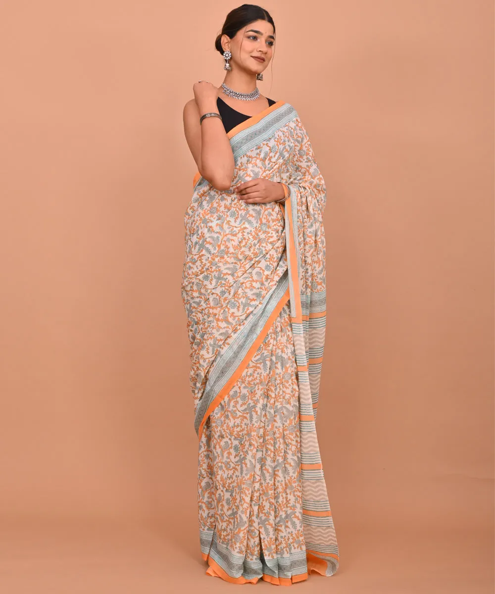 Multicolor peach cotton hand printed bagru saree