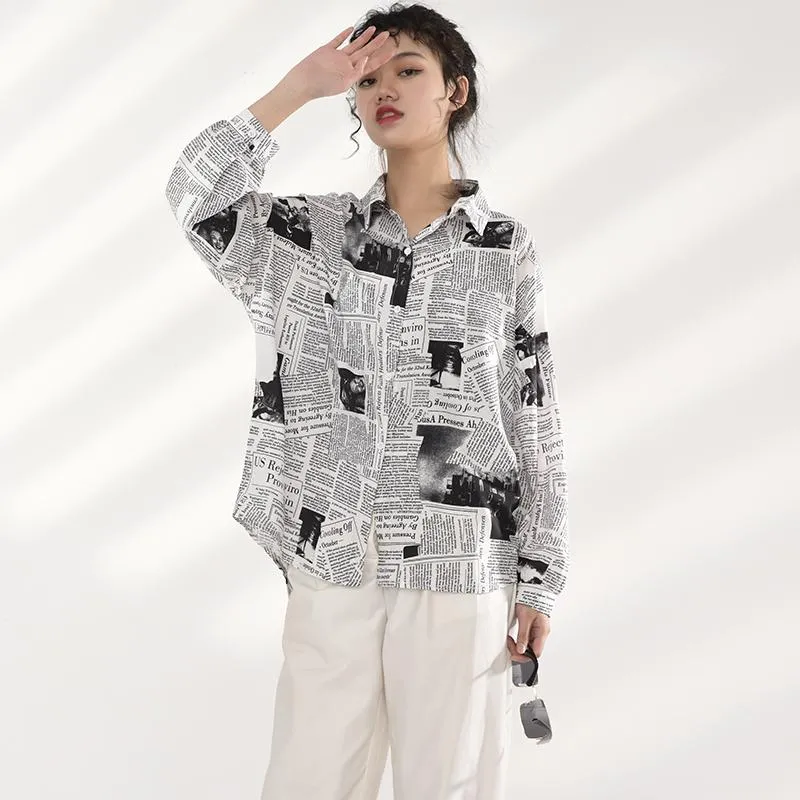 Mutsuko Newspaper Print Long Sleeve Shirt