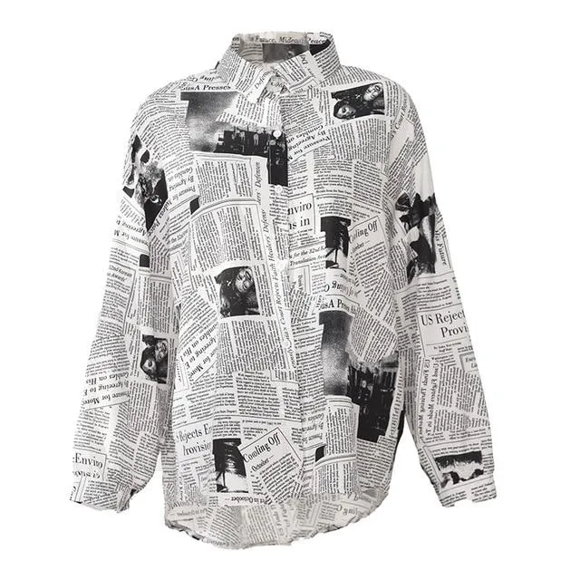 Mutsuko Newspaper Print Long Sleeve Shirt