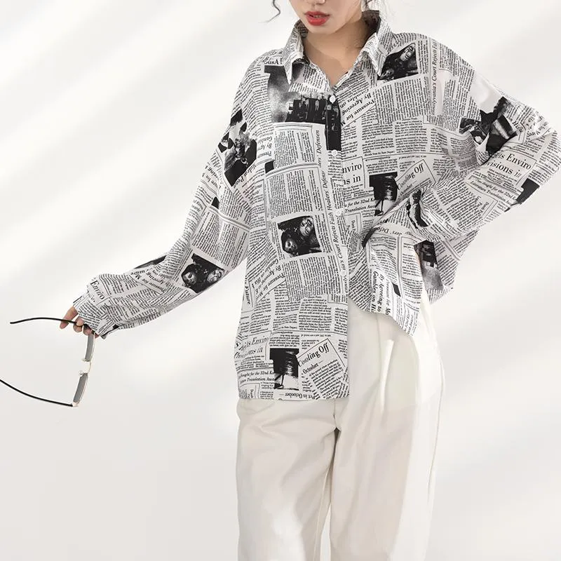 Mutsuko Newspaper Print Long Sleeve Shirt