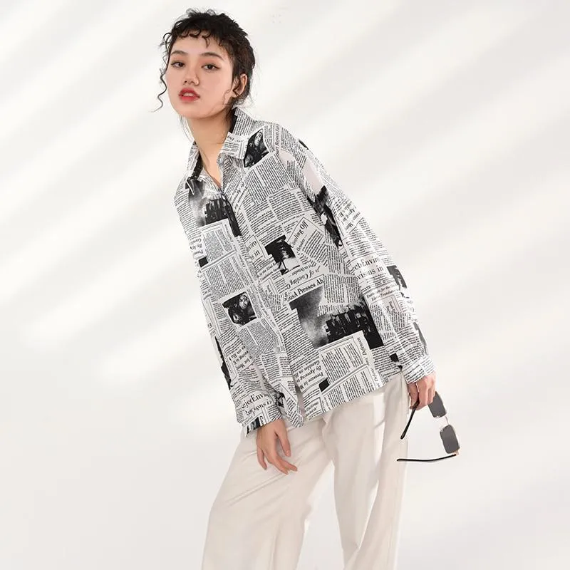 Mutsuko Newspaper Print Long Sleeve Shirt