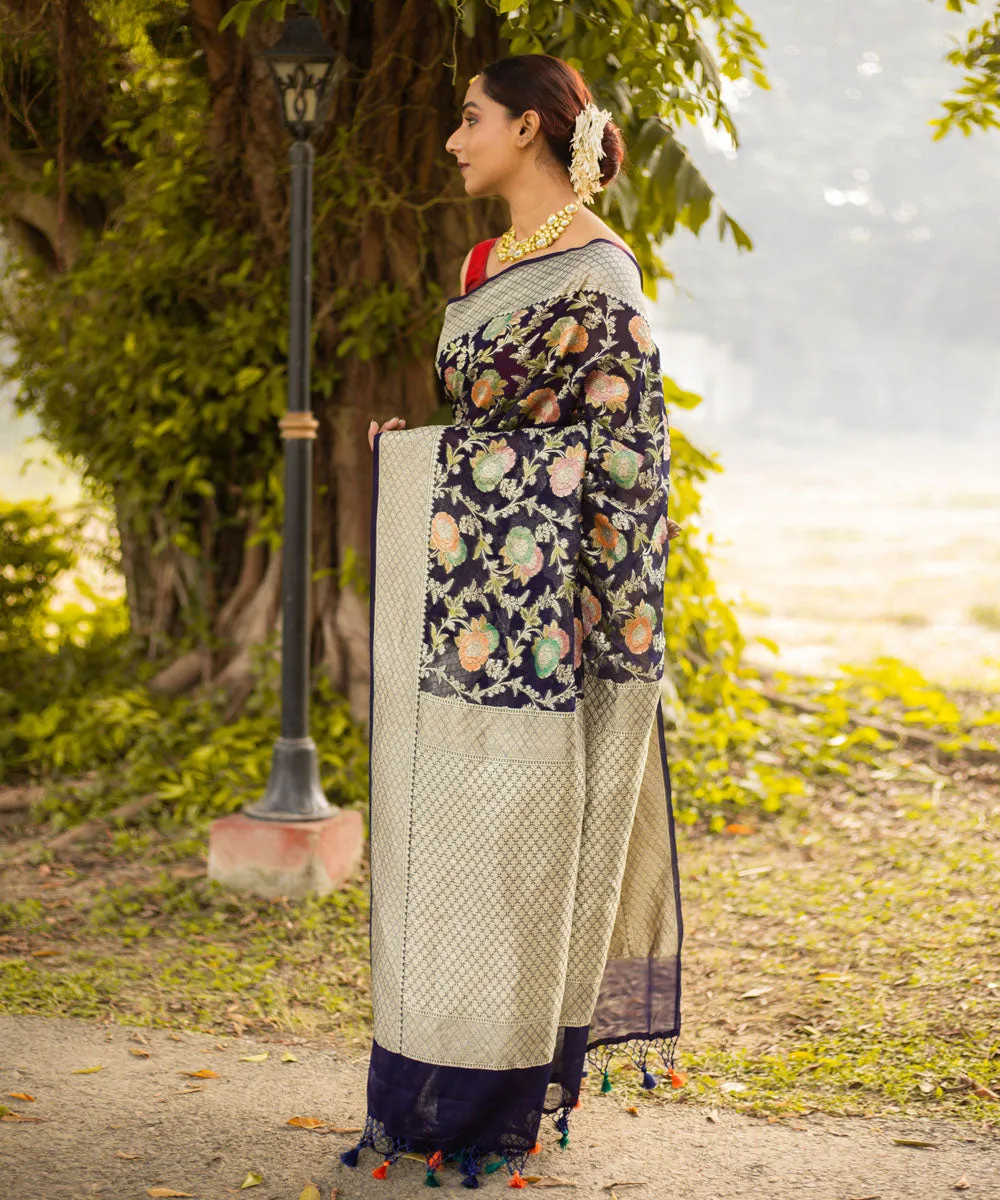 Navy blue silk handwoven banarasi saree