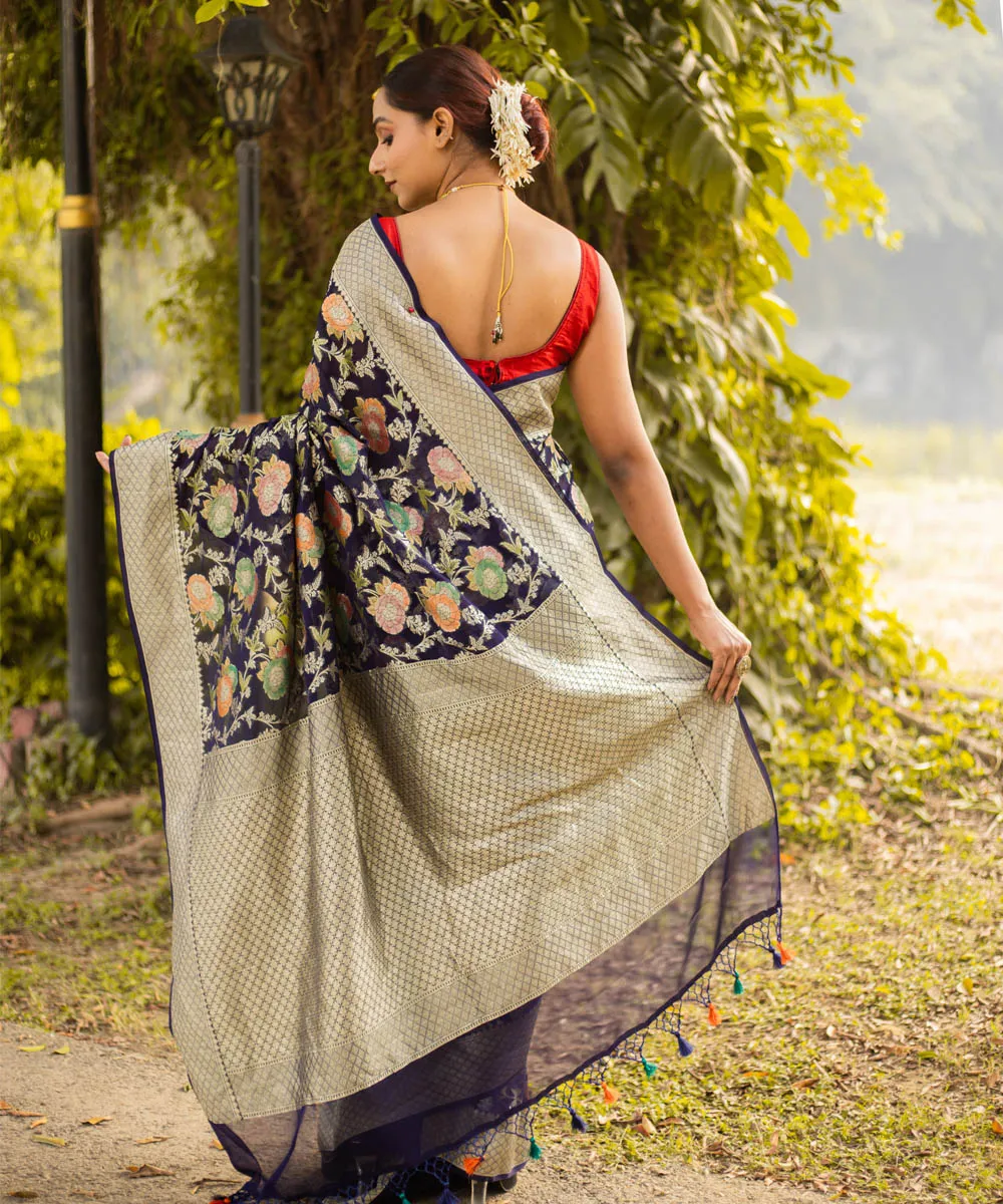 Navy blue silk handwoven banarasi saree