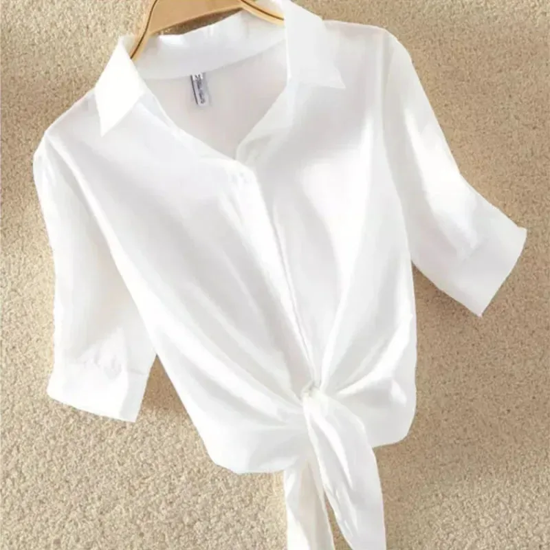 New Summer Casual Women's Shirt 2024 Shawl White Buttoned Up Blouse Women Cotton Woman Tops Elegant Lady Tunics Clothes 19870