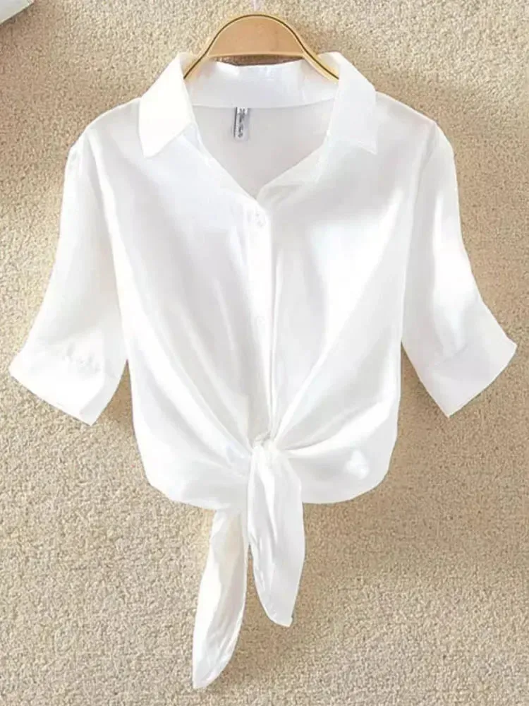 New Summer Casual Women's Shirt 2024 Shawl White Buttoned Up Blouse Women Cotton Woman Tops Elegant Lady Tunics Clothes 19870