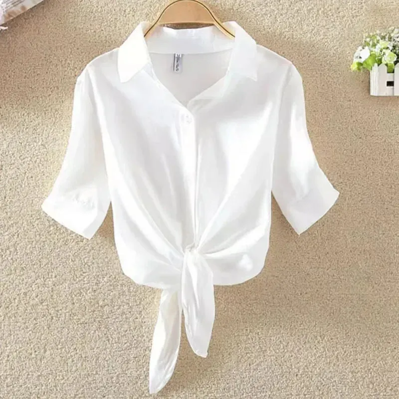 New Summer Casual Women's Shirt 2024 Shawl White Buttoned Up Blouse Women Cotton Woman Tops Elegant Lady Tunics Clothes 19870