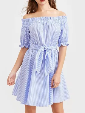 Off-the-Shoulder Half Sleeve Striped Dress