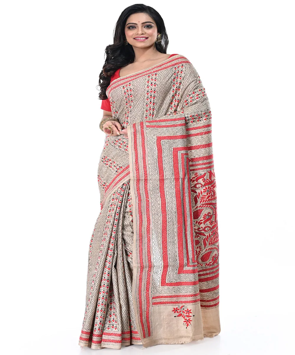 Offwhite multicolor handwoven tussar silk kantha stitch saree