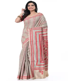 Offwhite multicolor handwoven tussar silk kantha stitch saree