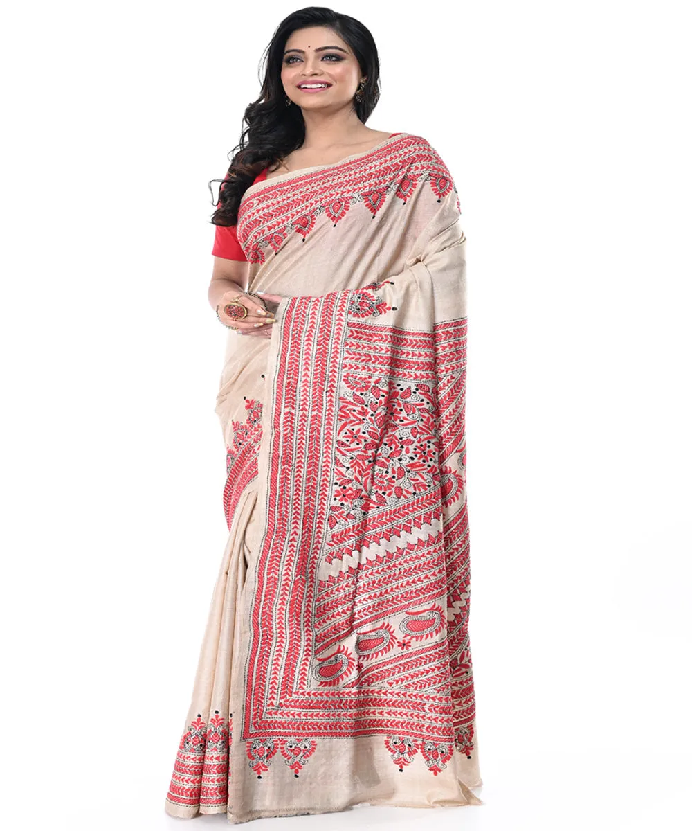 Offwhite red handwoven kantha stitch tussar silk saree