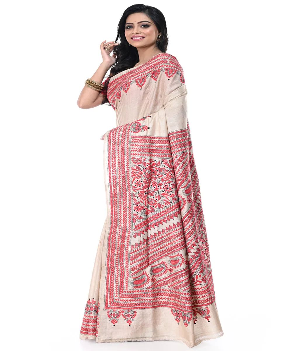 Offwhite red handwoven kantha stitch tussar silk saree