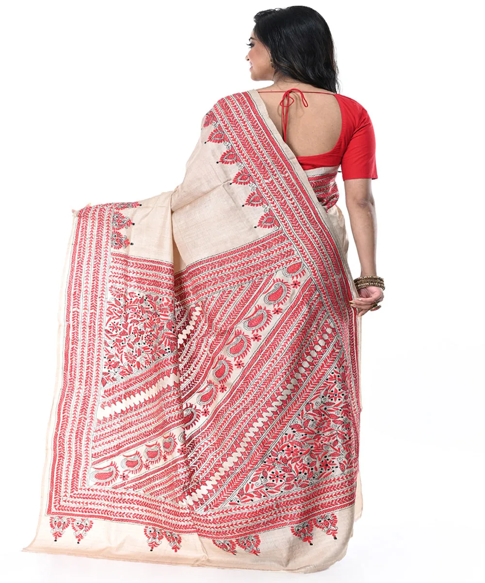 Offwhite red handwoven kantha stitch tussar silk saree