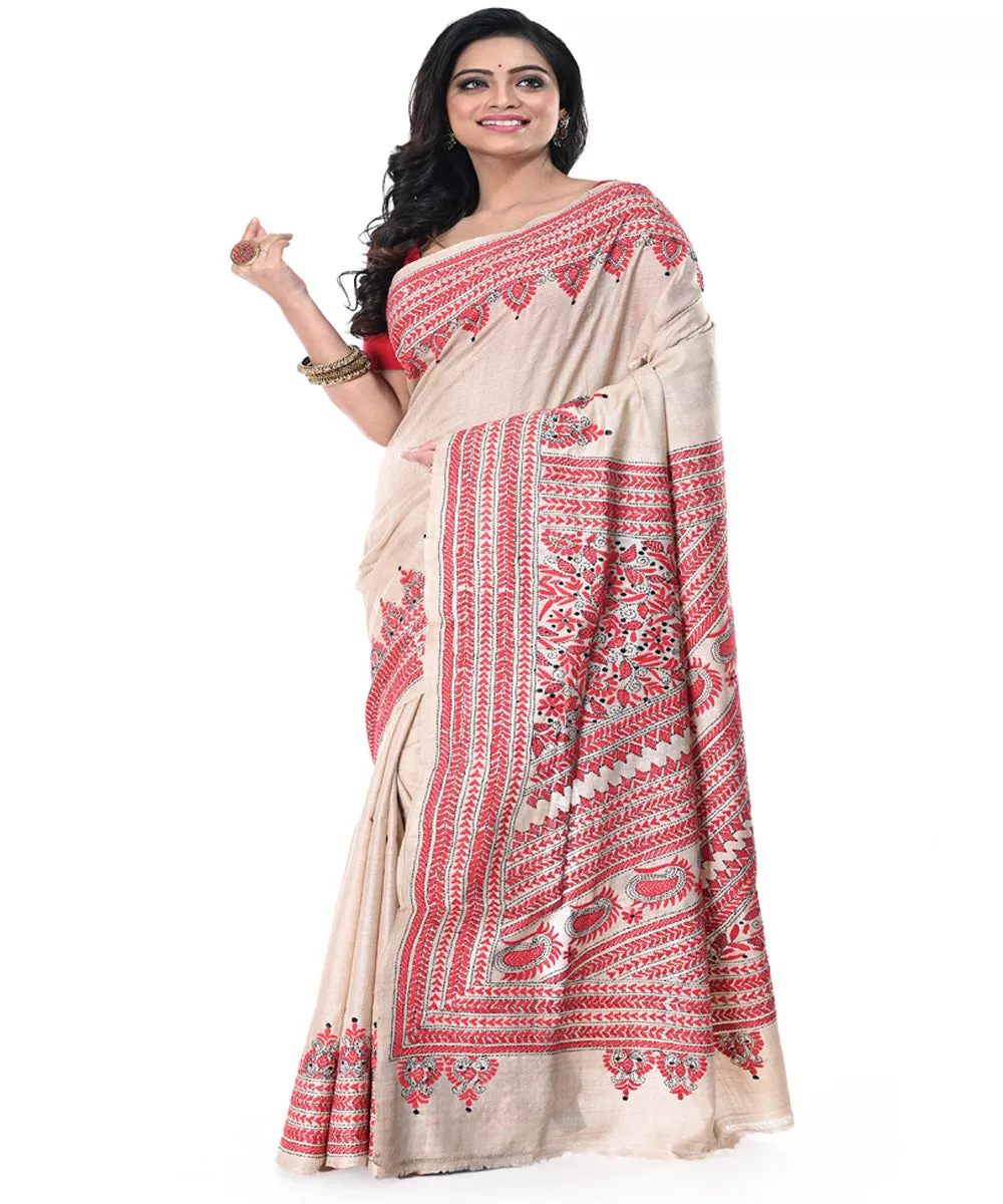 Offwhite red handwoven kantha stitch tussar silk saree