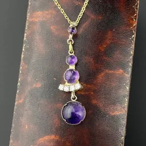 ON HOLD Gold Diamond Amethyst Cabochon Victorian Pendant Necklace