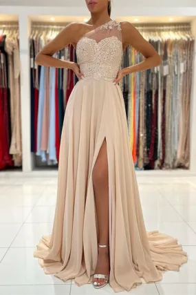 One-Shoulder Lace Appliques Prom Dress With Slit