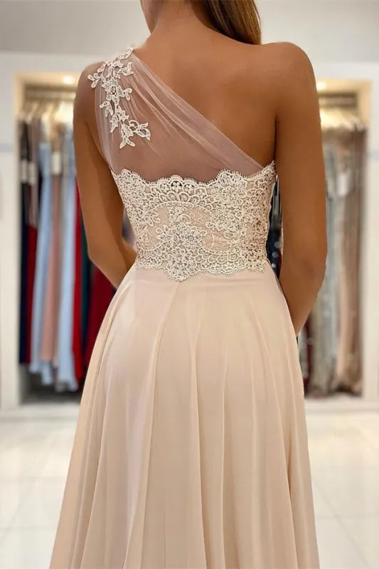 One-Shoulder Lace Appliques Prom Dress With Slit