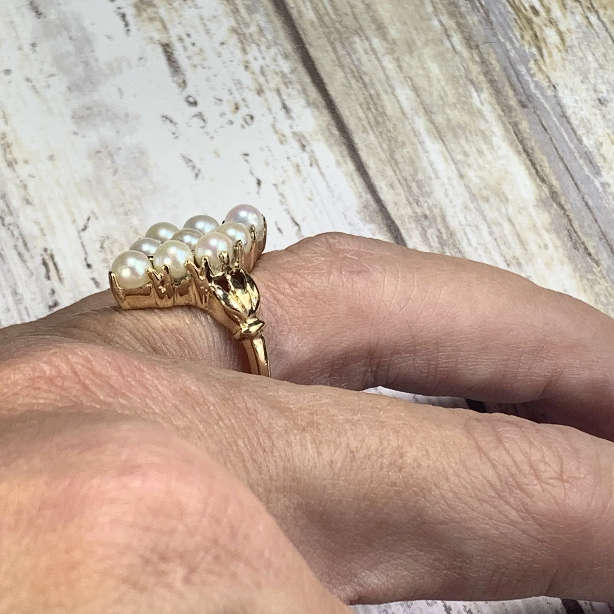 Pearl Cluster Ring in 14K Yellow Gold. Estate Jewelry.  June Birthstone. Unique Engagement Ring.