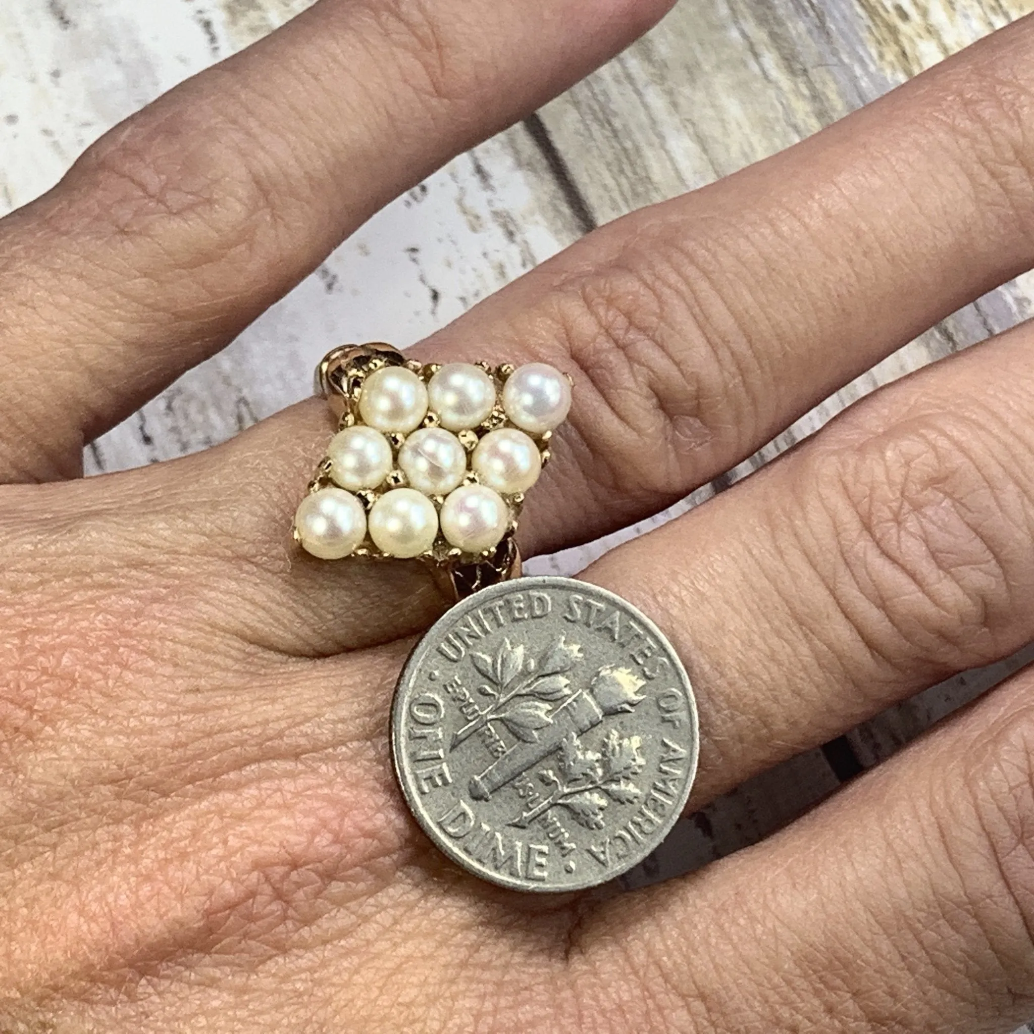 Pearl Cluster Ring in 14K Yellow Gold. Estate Jewelry.  June Birthstone. Unique Engagement Ring.