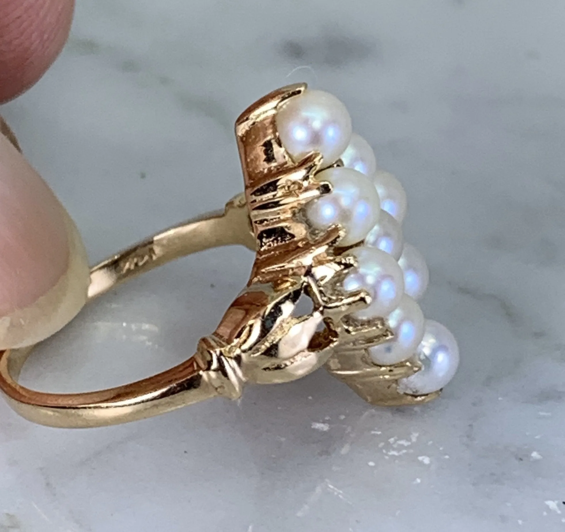 Pearl Cluster Ring in 14K Yellow Gold. Estate Jewelry.  June Birthstone. Unique Engagement Ring.