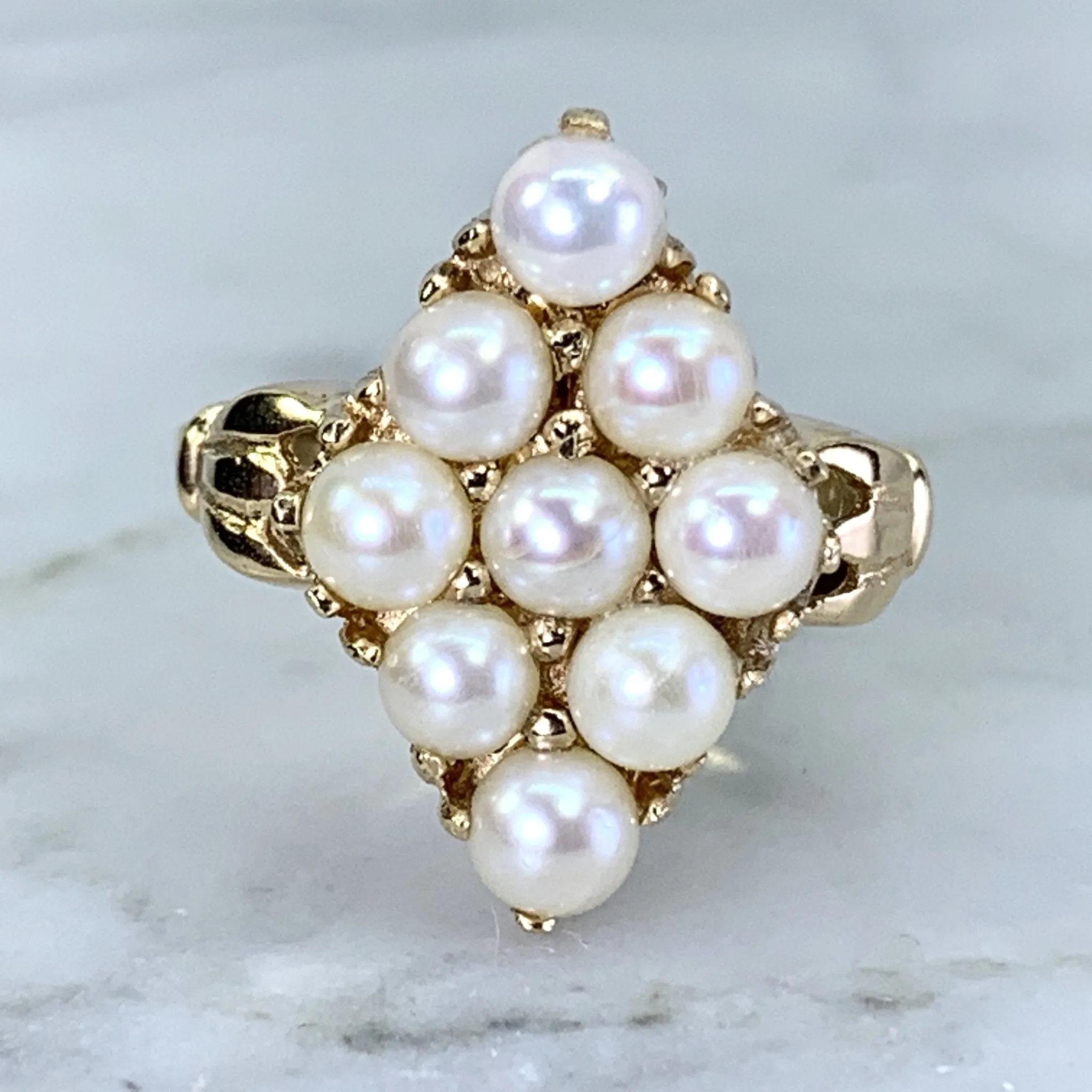 Pearl Cluster Ring in 14K Yellow Gold. Estate Jewelry.  June Birthstone. Unique Engagement Ring.