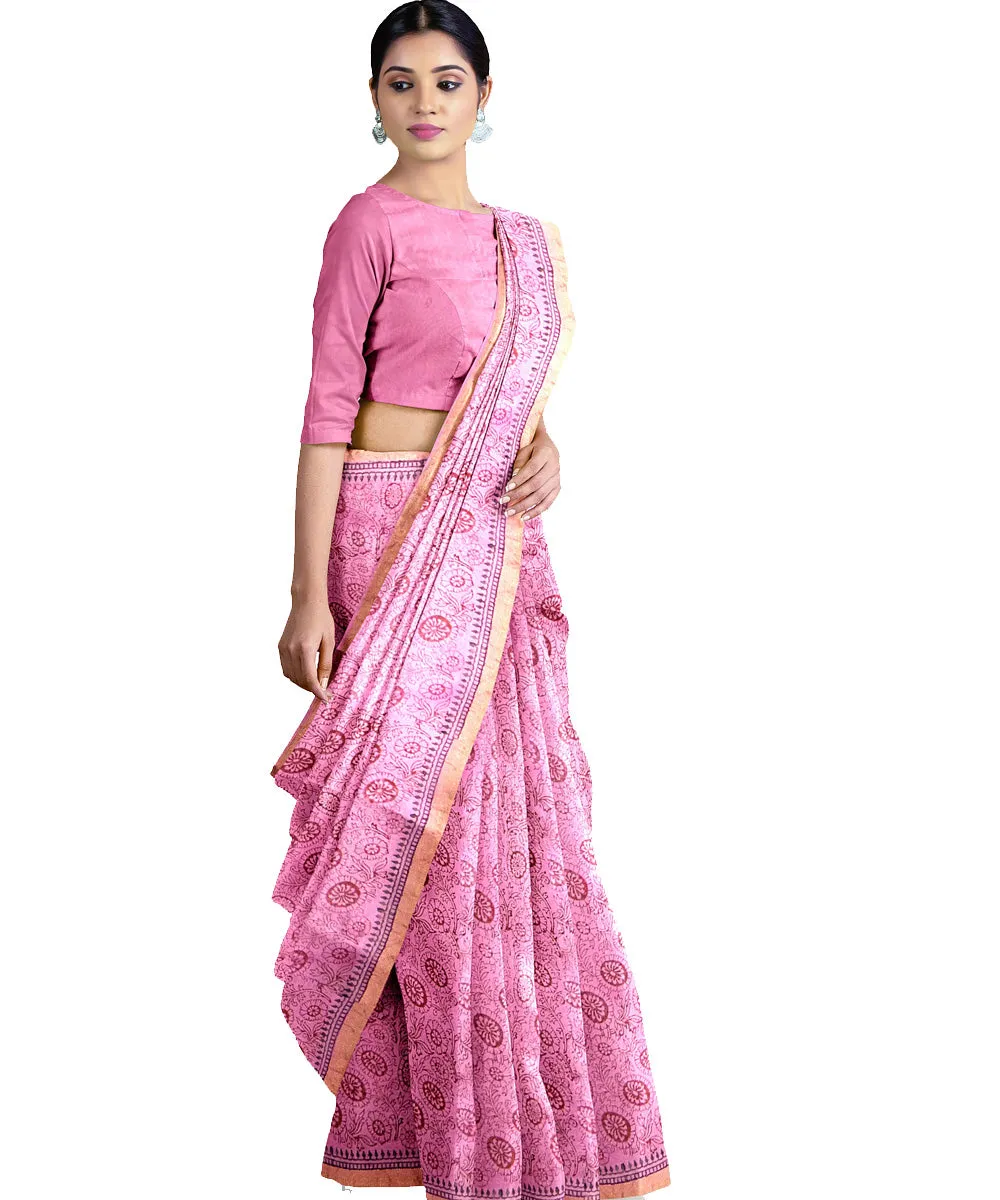 Pink cotton silk hand printed maheshwari saree