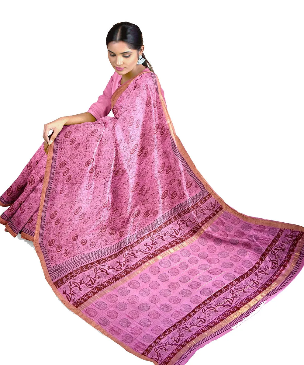 Pink cotton silk hand printed maheshwari saree