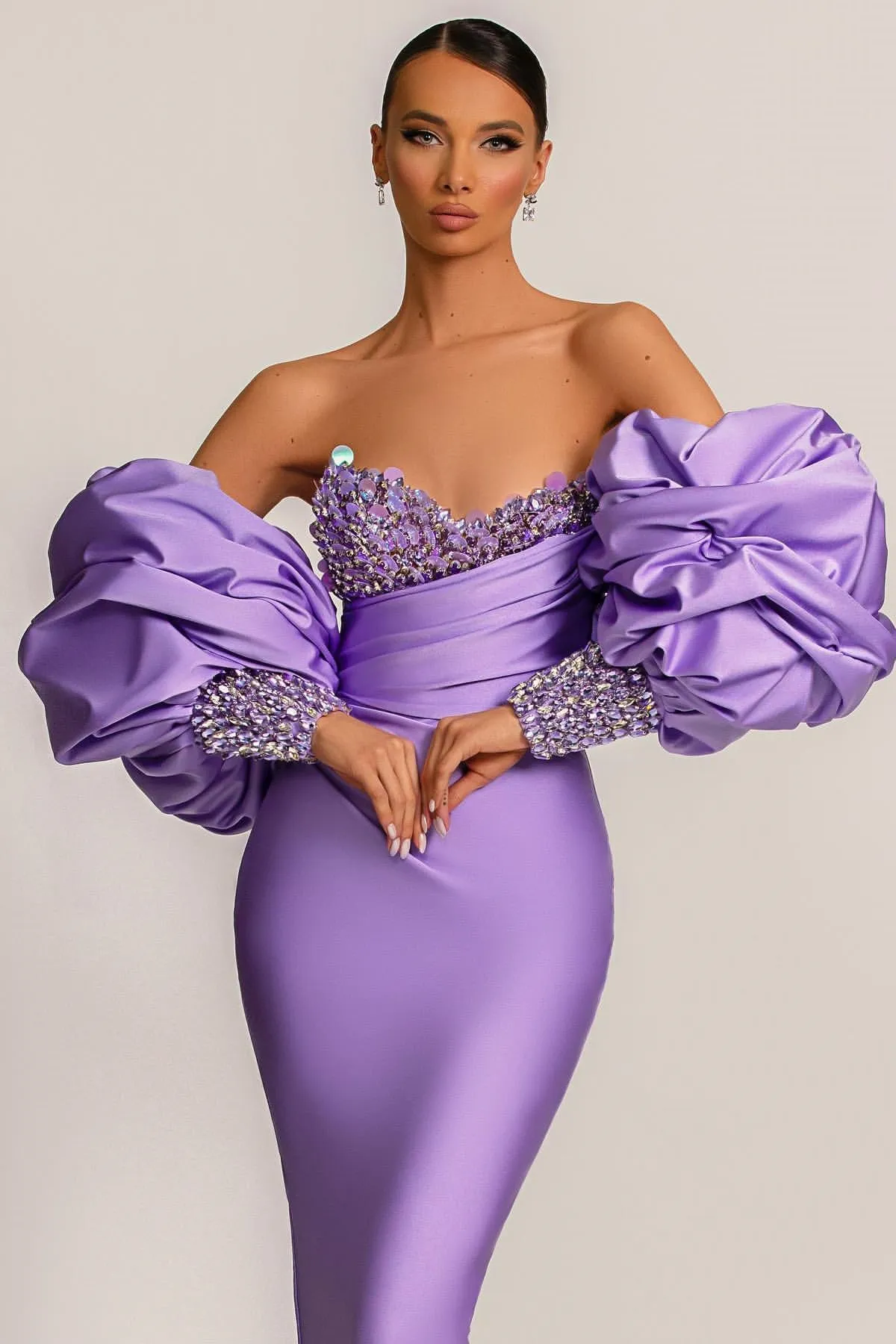 Purple Mermaid Prom Dress with Bubble Sleeves and Long Sleeves