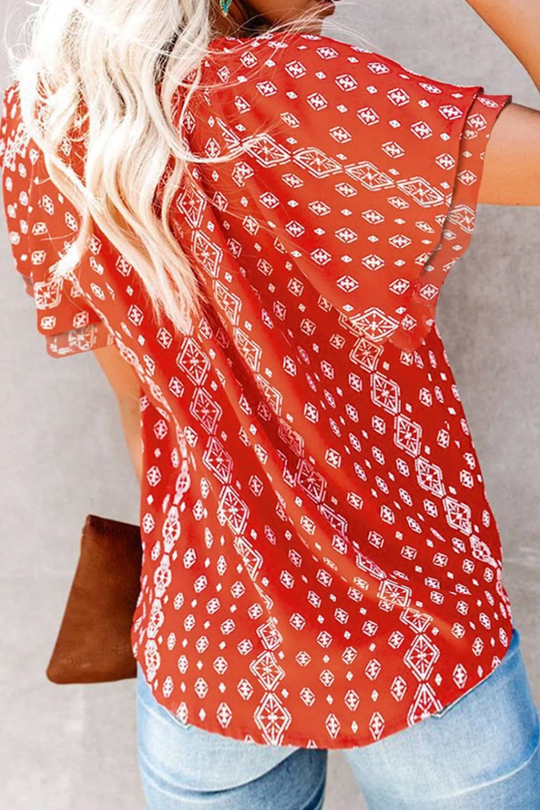 Red Aztec Flutter Sleeve Blouse