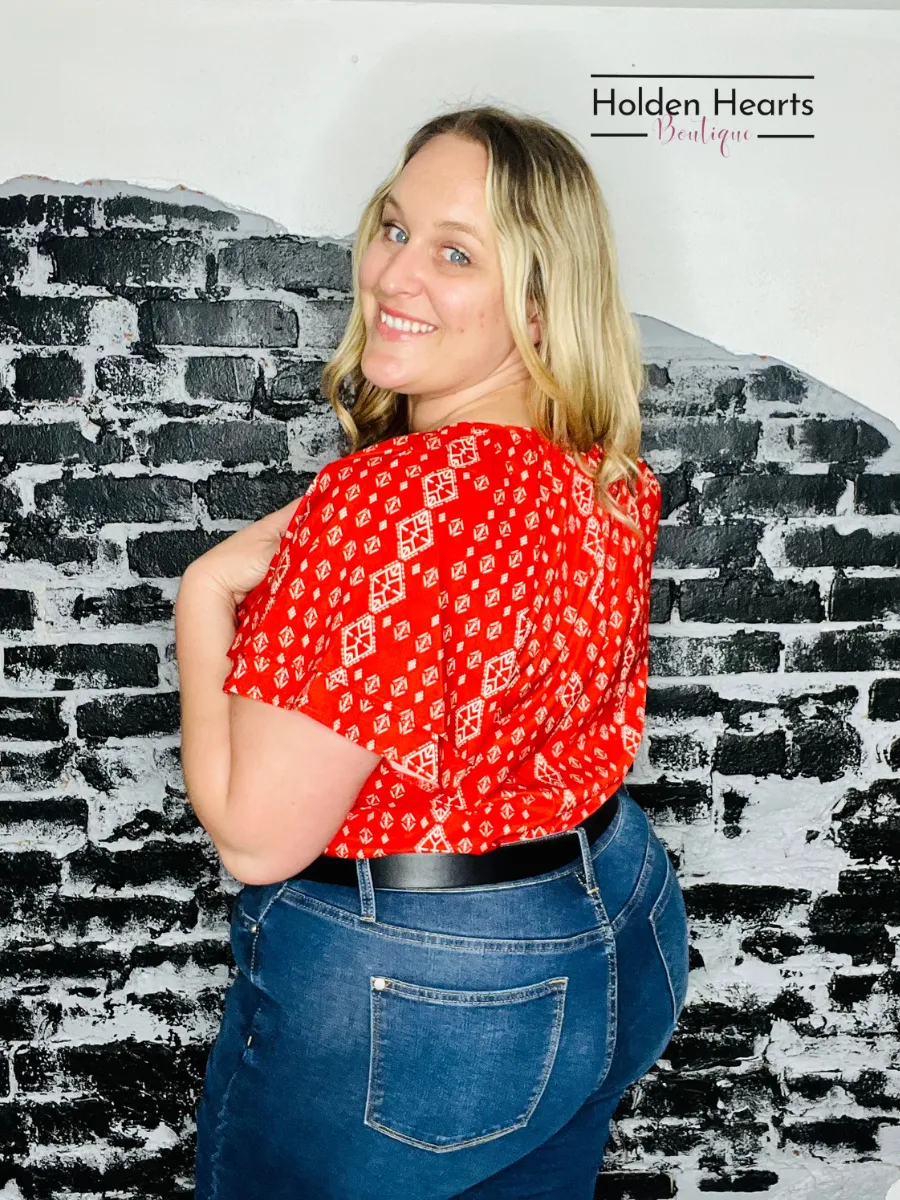 Red Aztec Flutter Sleeve Blouse