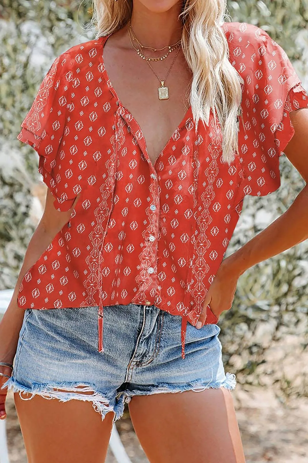 Red Aztec Flutter Sleeve Blouse