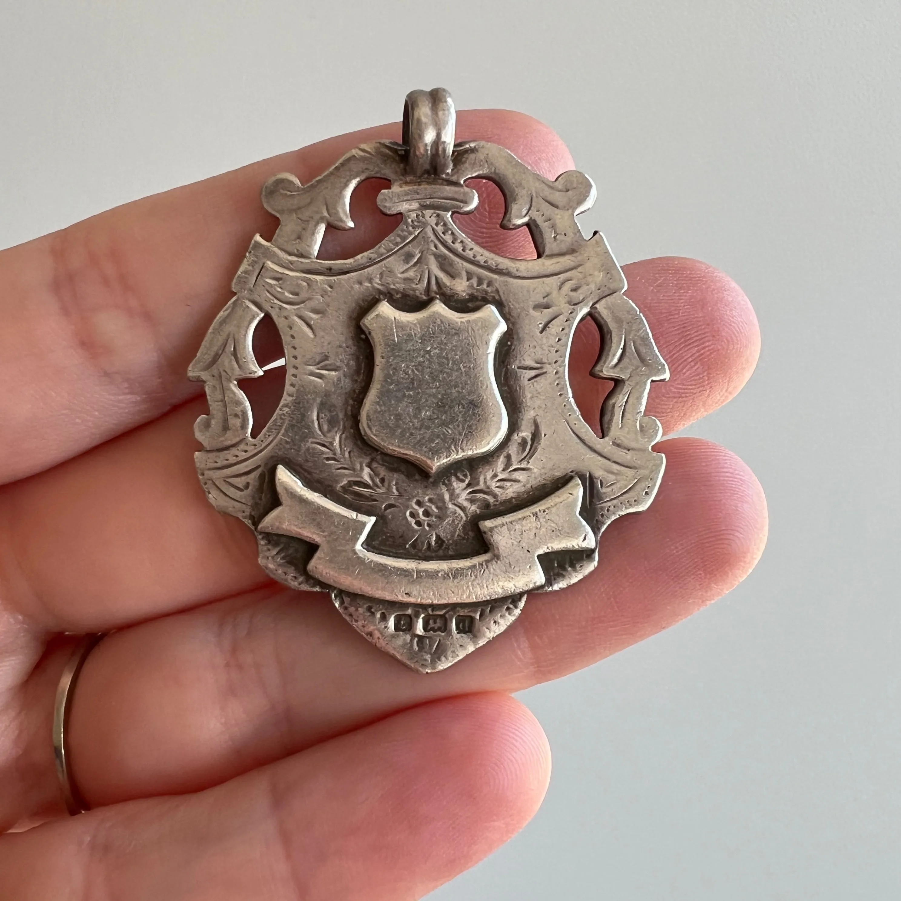 reimagined A N T I Q U E // lucky shield / sterling silver antique fob medal with new '13' engraving / a pendant