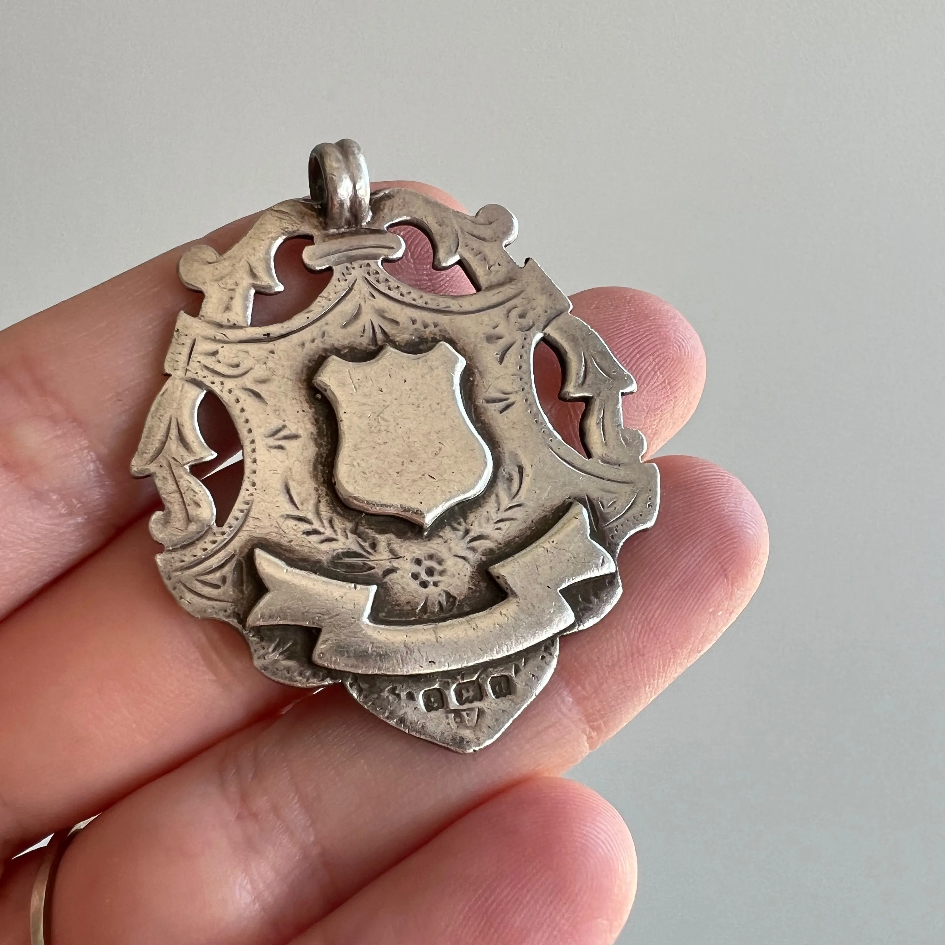 reimagined A N T I Q U E // lucky shield / sterling silver antique fob medal with new '13' engraving / a pendant