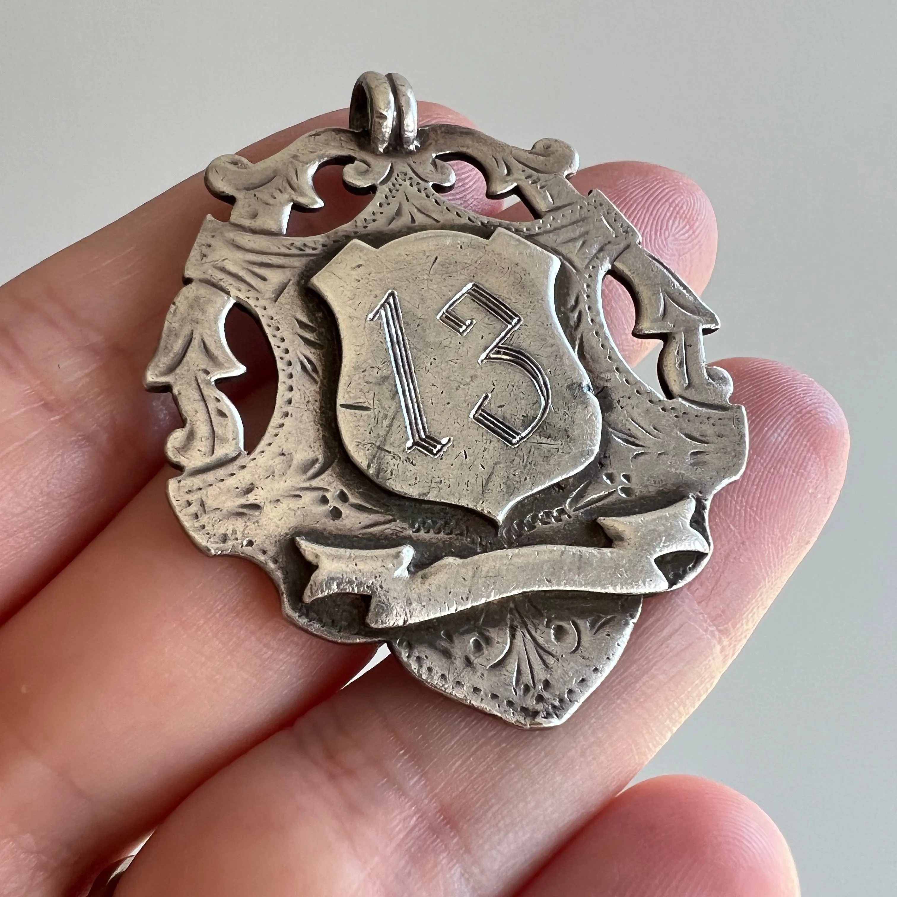 reimagined A N T I Q U E // lucky shield / sterling silver antique fob medal with new '13' engraving / a pendant