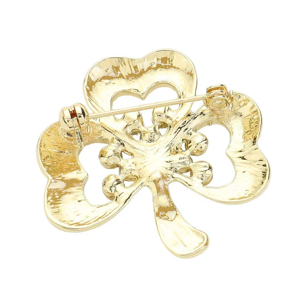 Rhinestone Enamel Clover Pin Brooch