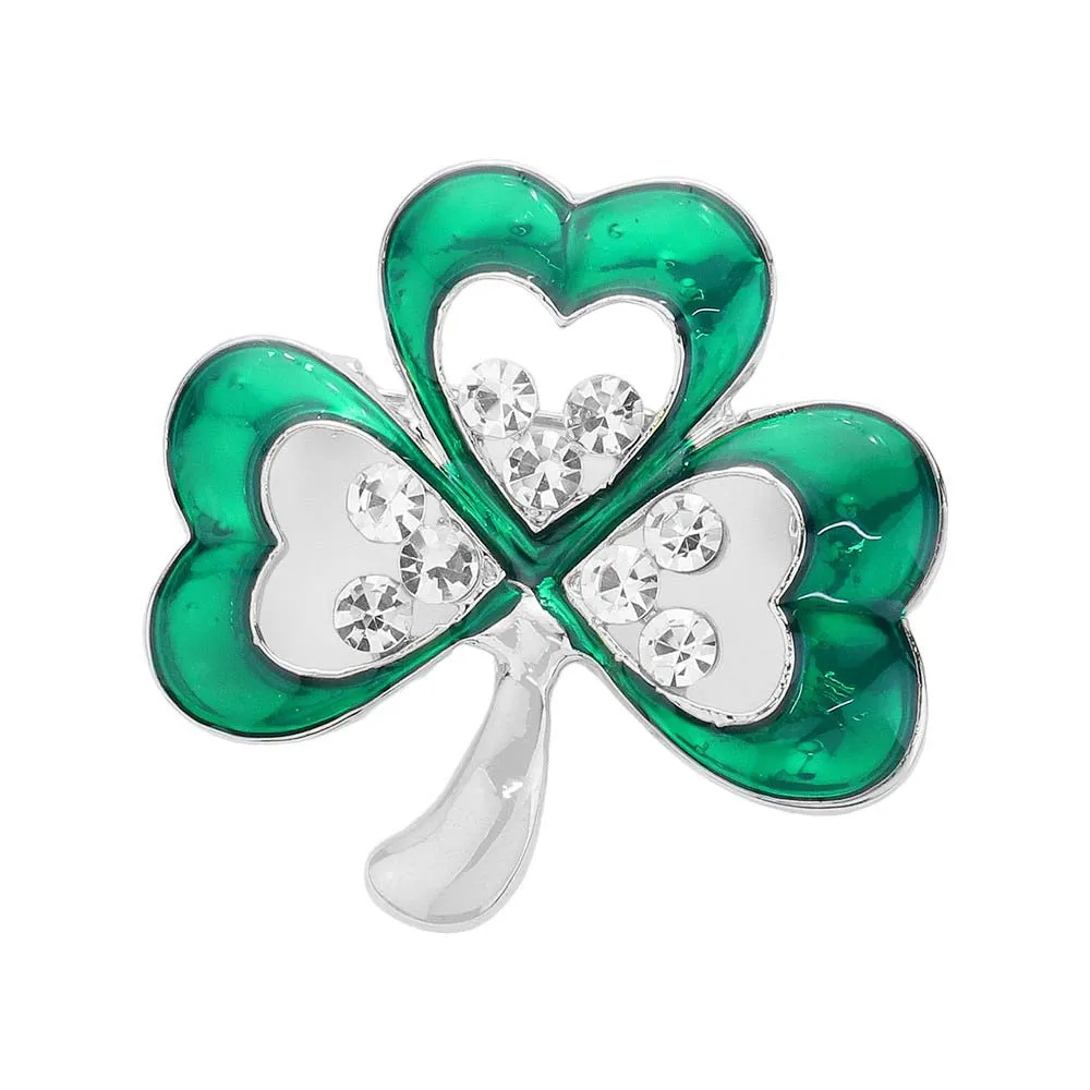 Rhinestone Enamel Clover Pin Brooch