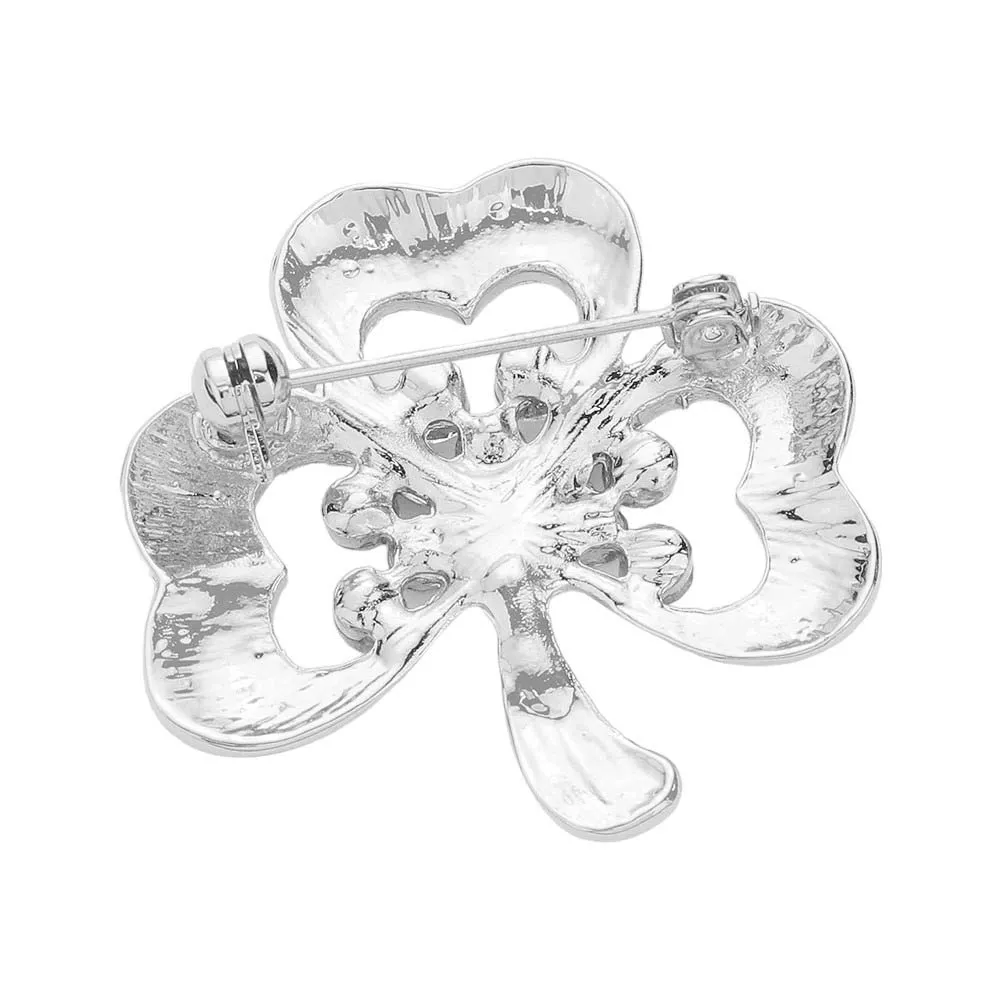 Rhinestone Enamel Clover Pin Brooch