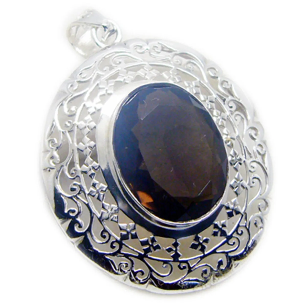 Riyo Attractive Gems Oval Faceted Brown Smoky Quartz Solid Silver Pendant Gift For Good Friday