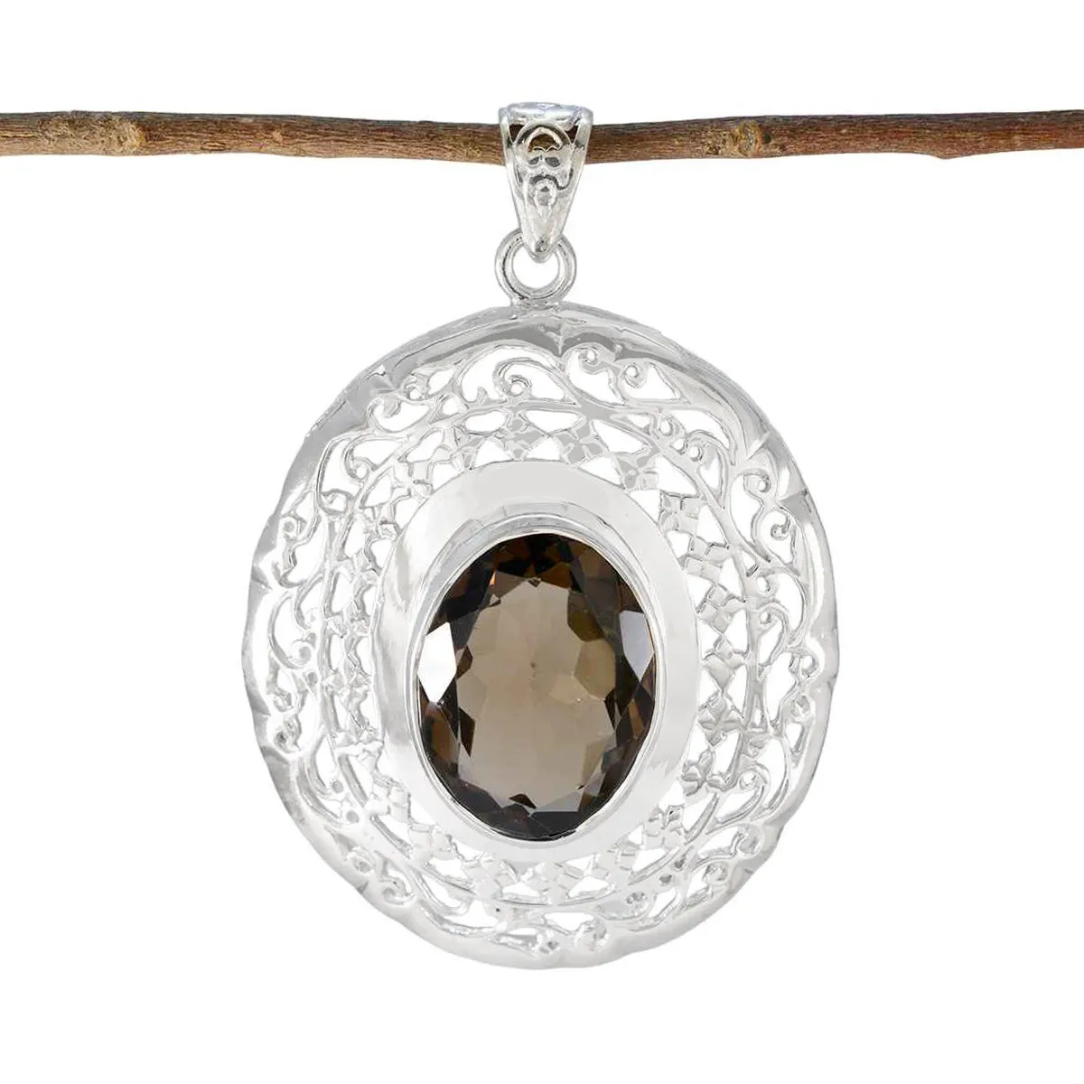 Riyo Attractive Gems Oval Faceted Brown Smoky Quartz Solid Silver Pendant Gift For Good Friday