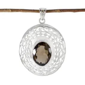 Riyo Attractive Gems Oval Faceted Brown Smoky Quartz Solid Silver Pendant Gift For Good Friday