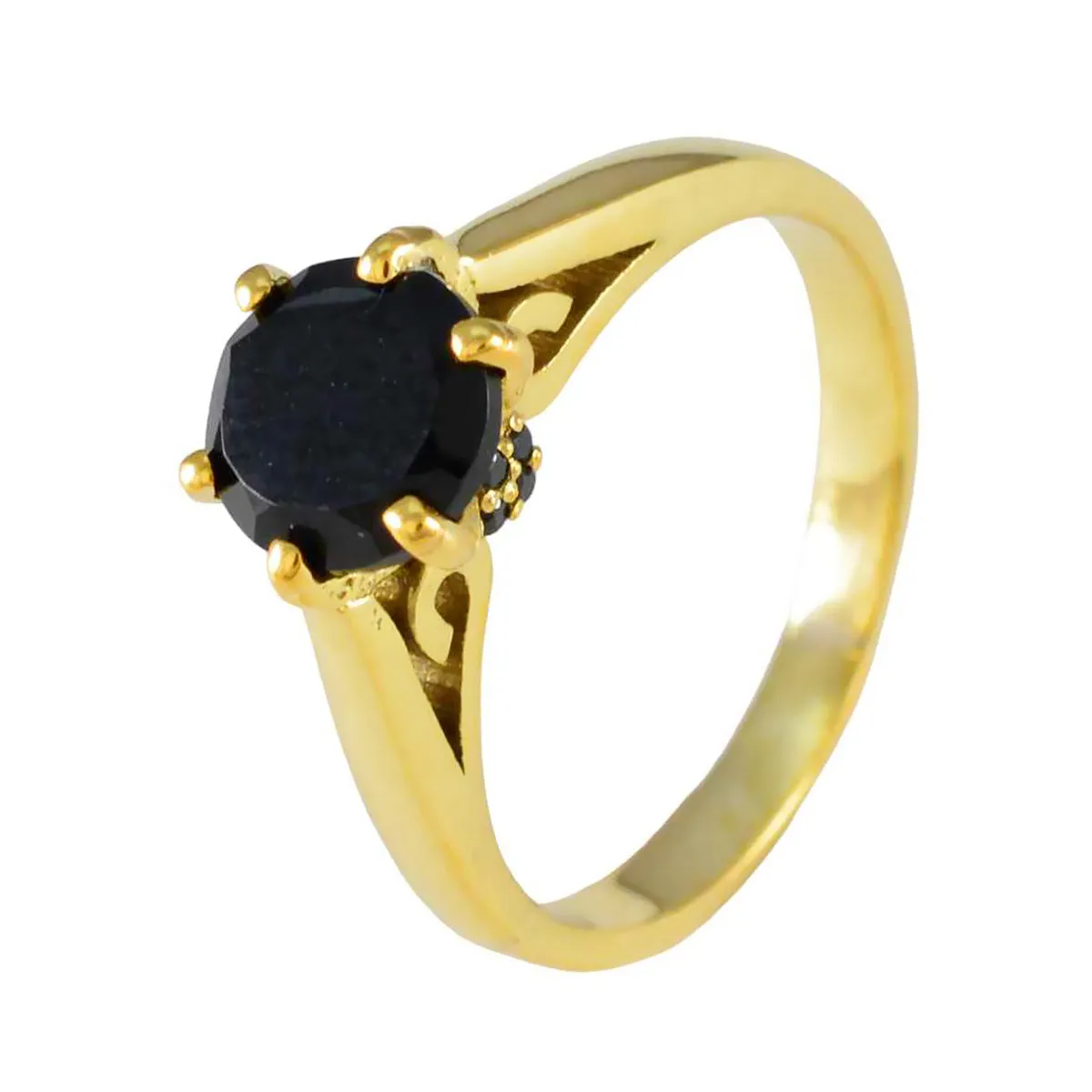 Riyo Extensive Silver Ring With Yellow Gold Plating Black Onyx Stone Round Shape Prong Setting Designer Jewelry Christmas Ring