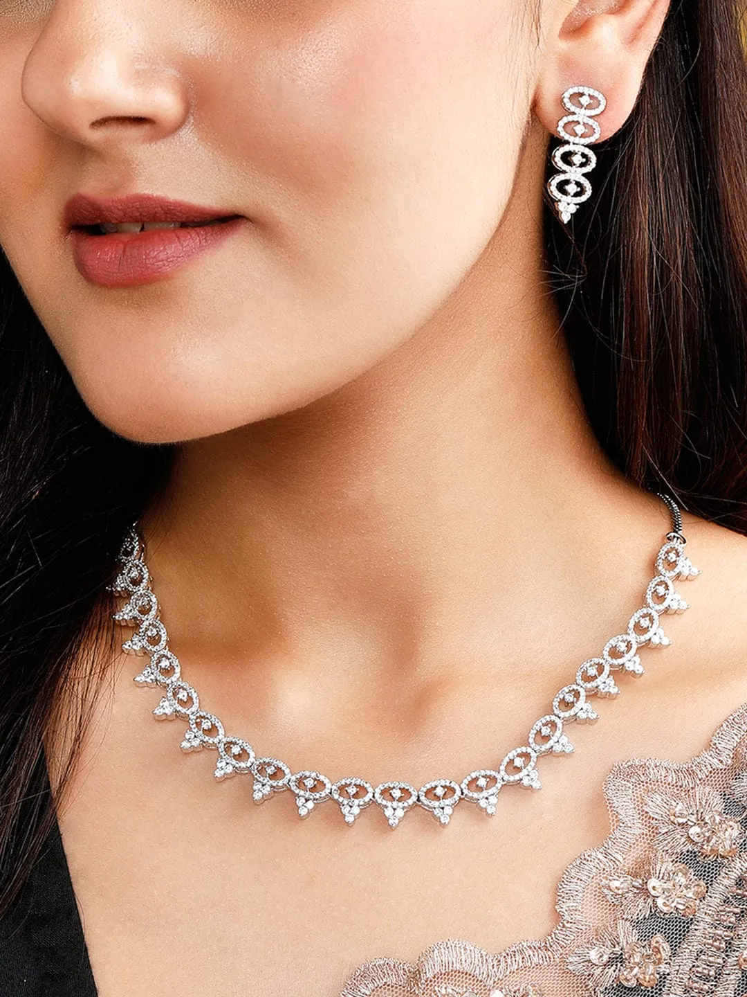 Rubans Silver-Plated Necklace Set With American Diamonds.