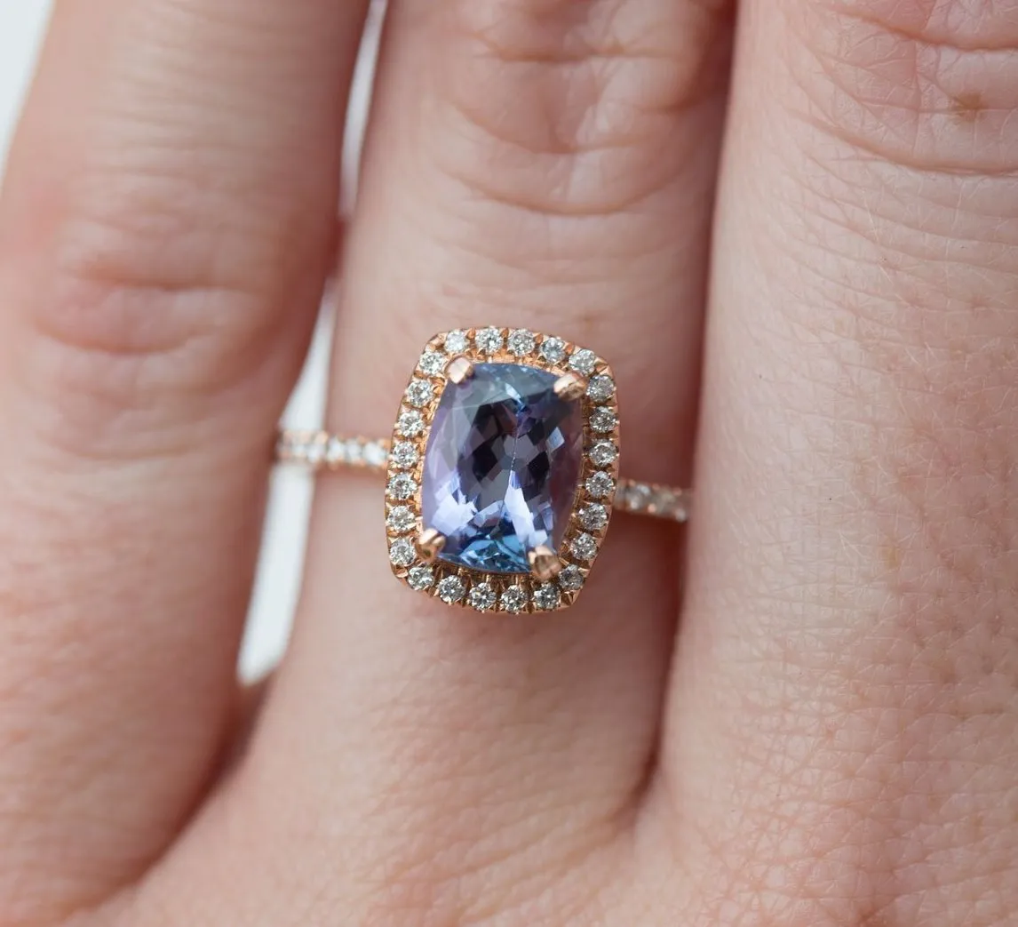 SALE Purple and Blue Tanzanite Diamond Halo Rose Gold Engagement Ring - Tanzanite Engagement Ring  - Mystique Fine Bridal by Anueva